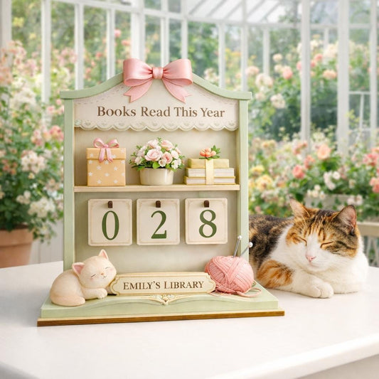 Books Read This Year Wooden Tracker, Personalized Pastel Library Decor with Cat, Custom Name Reading Counter, Cozy Book Lover Gift