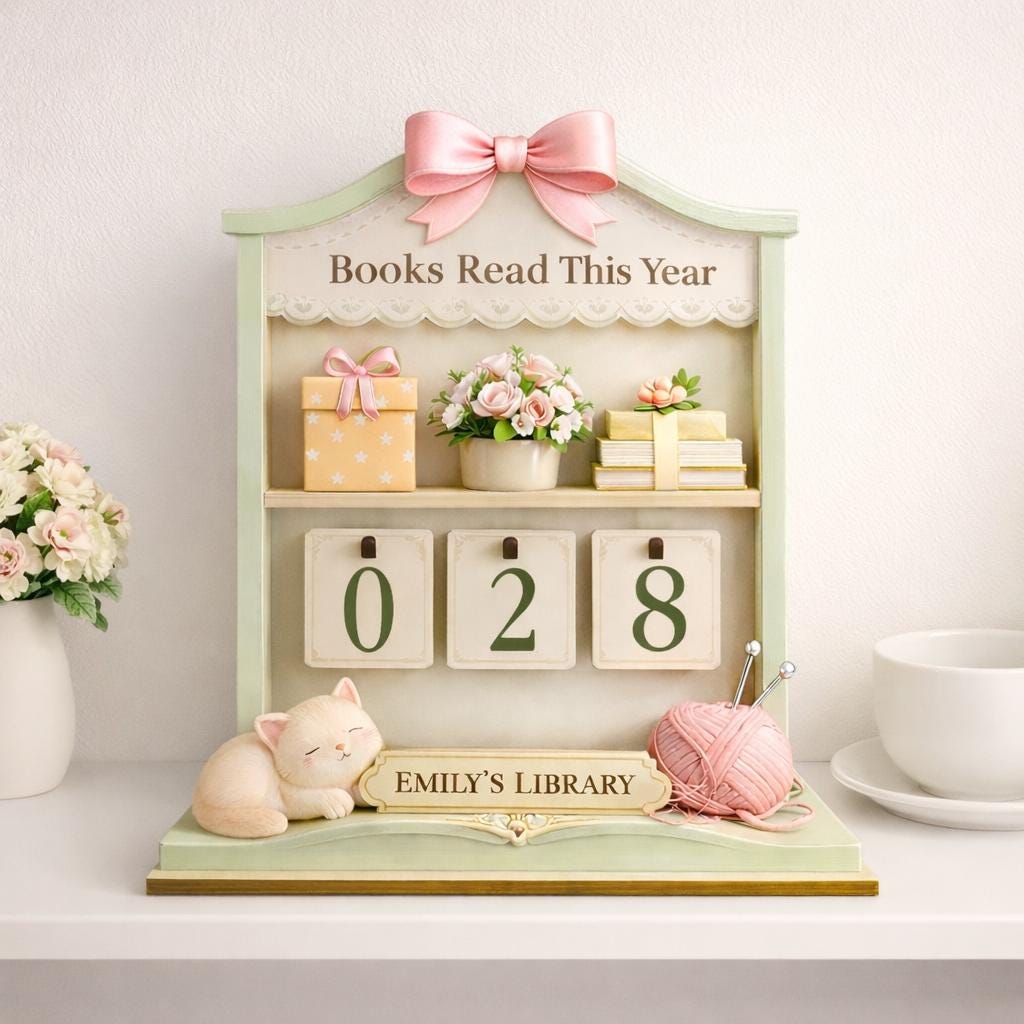 Books Read This Year Wooden Tracker, Personalized Pastel Library Decor with Cat, Custom Name Reading Counter, Cozy Book Lover Gift