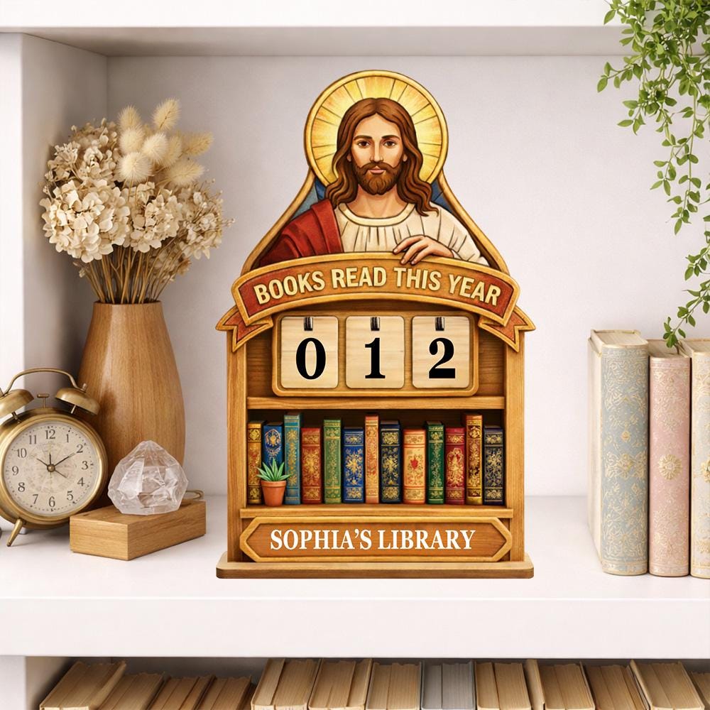 Personalized Christian Books Read This Year Tracker, Catholic Reading Log Decor, Jesus Statue Book Counter, Faith Library Gift for Women