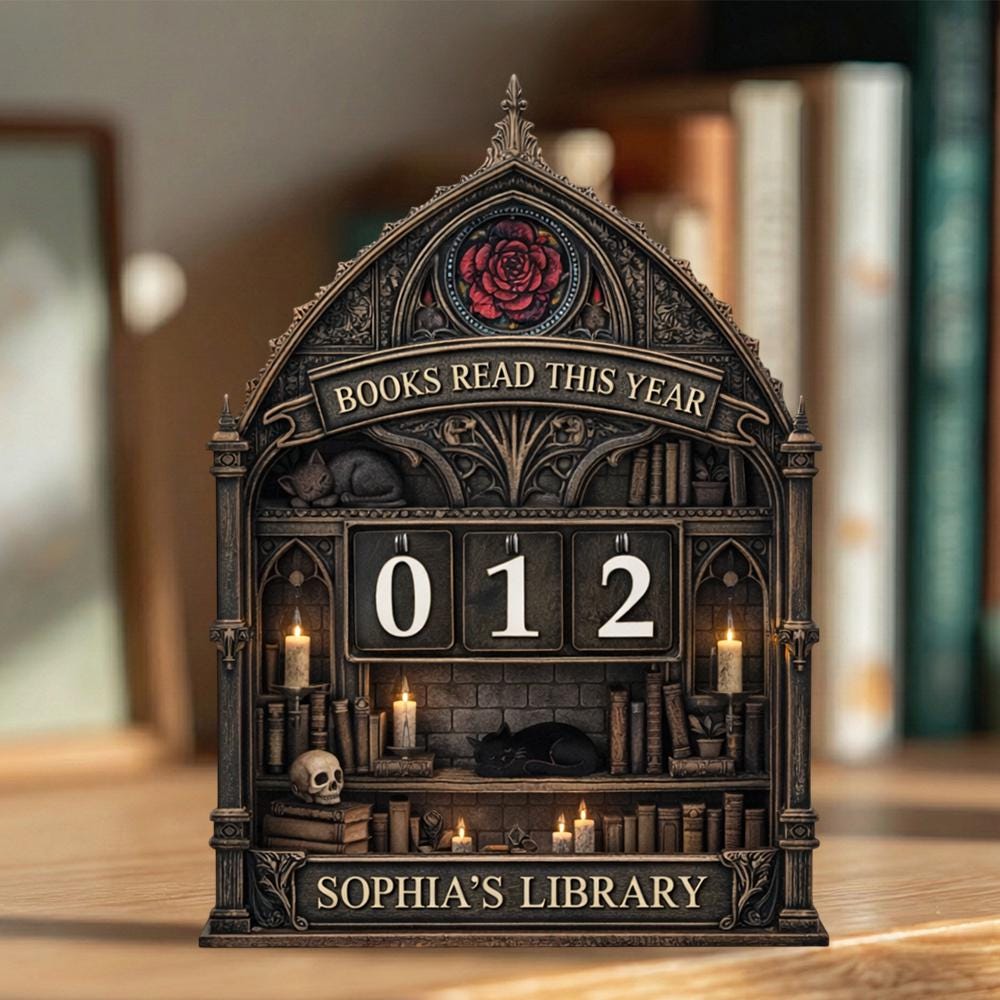 Personalized Wooden Books Read Tracker, Gothic Library Shelf Decor, Custom Name Reading Counter