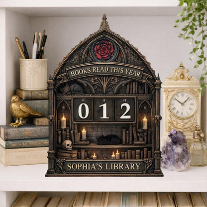 Personalized Wooden Books Read Tracker, Gothic Library Shelf Decor, Custom Name Reading Counter