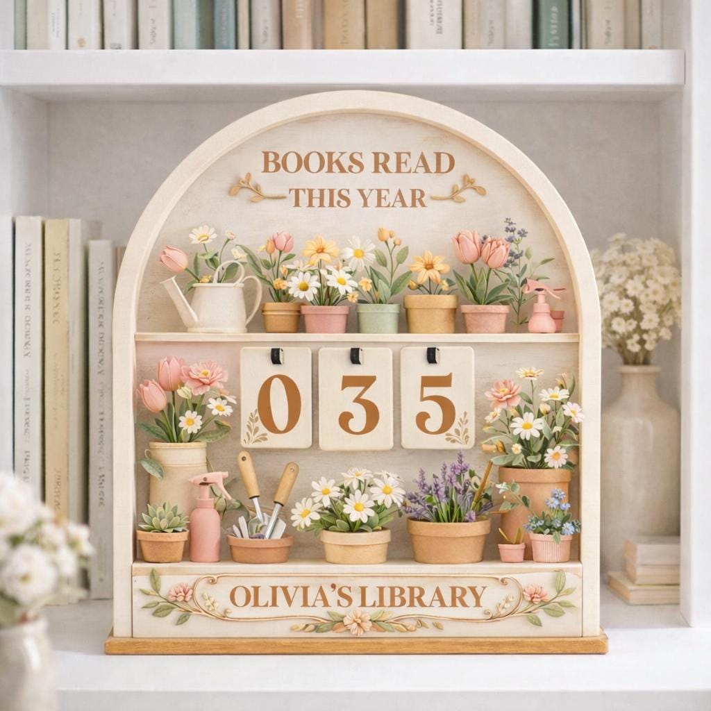 Floral Books Read Tracker, Personalized Library Shelf Decor, Wooden Reader Gift