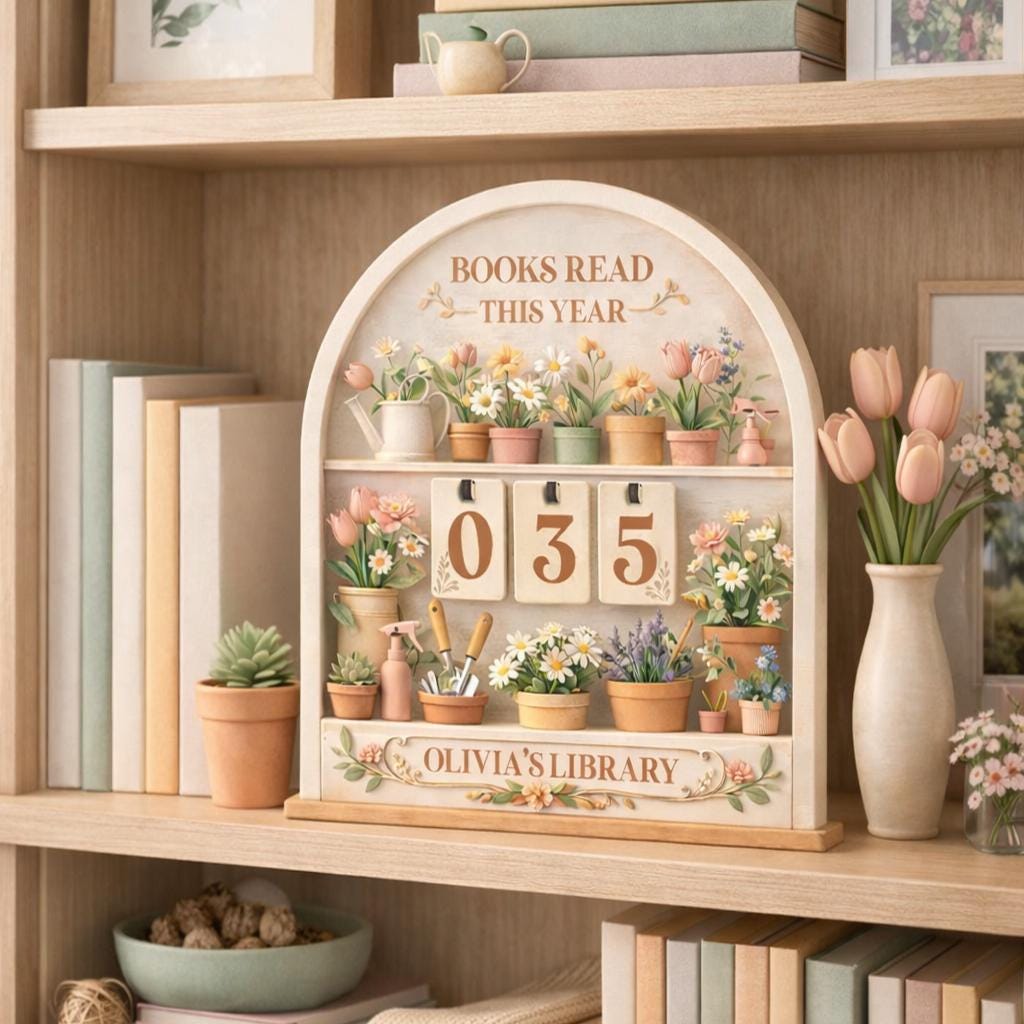 Floral Books Read Tracker, Personalized Library Shelf Decor, Wooden Reader Gift