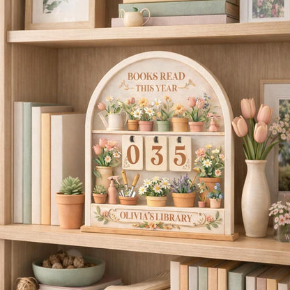 Floral Books Read Tracker, Personalized Library Shelf Decor, Wooden Reader Gift