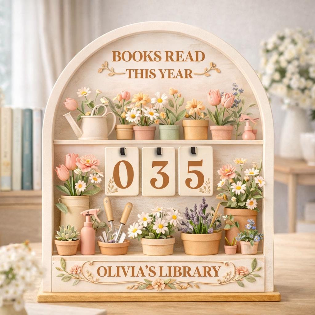 Floral Books Read Tracker, Personalized Library Shelf Decor, Wooden Reader Gift