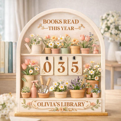 Floral Books Read Tracker, Personalized Library Shelf Decor, Wooden Reader Gift