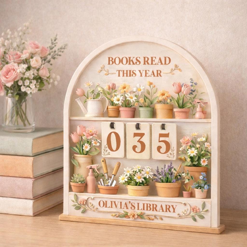 Floral Books Read Tracker, Personalized Library Shelf Decor, Wooden Reader Gift