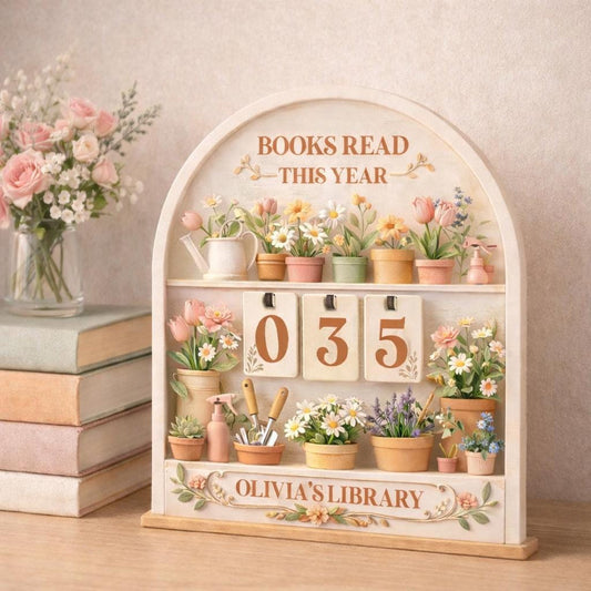 Floral Books Read Tracker, Personalized Library Shelf Decor, Wooden Reader Gift
