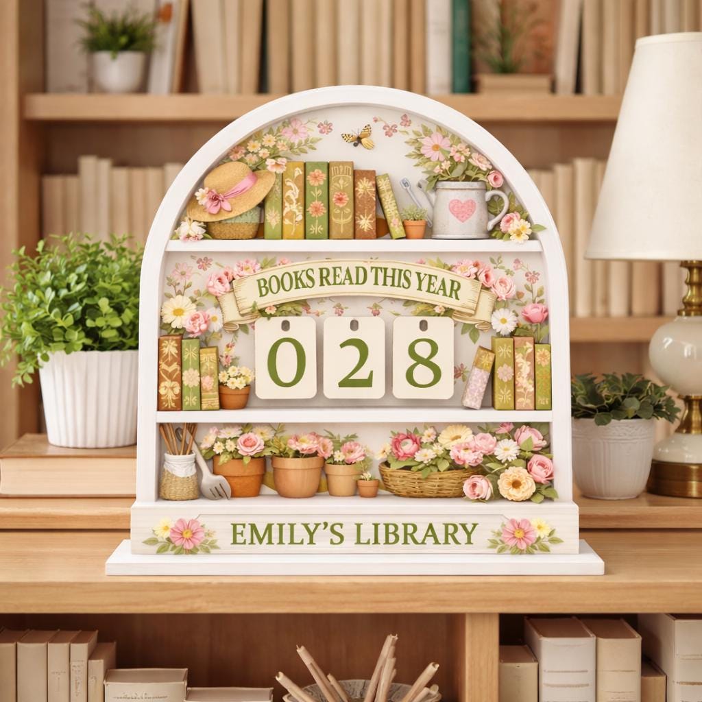 Floral Books Read Tracker, Layered Wood Library Sign, Custom Name Display