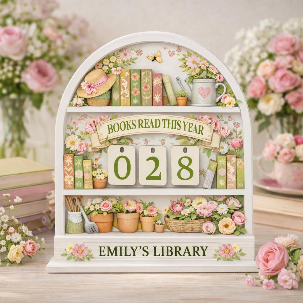 Floral Books Read Tracker, Layered Wood Library Sign, Custom Name Display