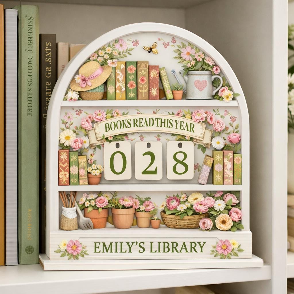 Floral Books Read Tracker, Layered Wood Library Sign, Custom Name Display