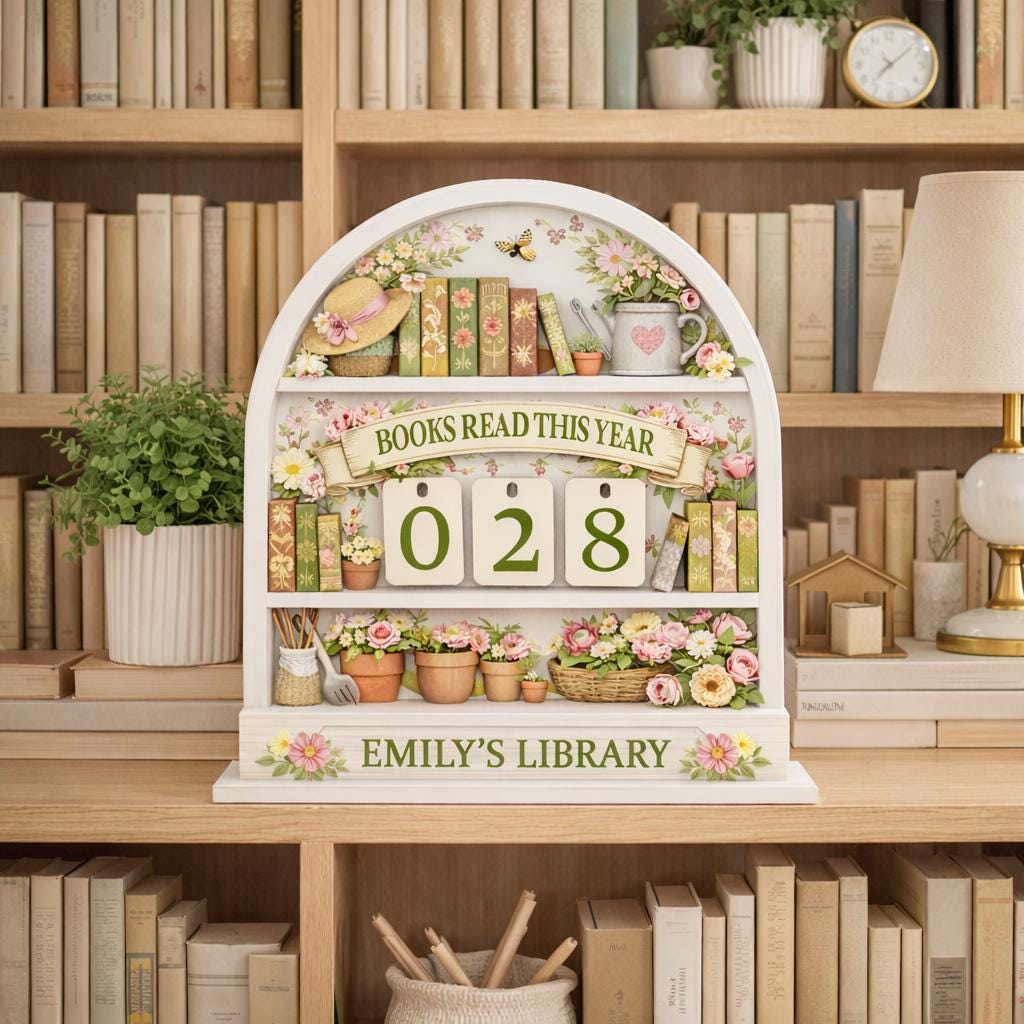 Floral Books Read Tracker, Layered Wood Library Sign, Custom Name Display