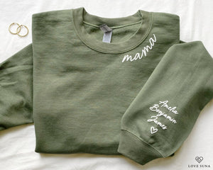 Personalized Mama Sweatshirt with Kid Names on Sleeve, Mothers Day Gift, Birthday Gift for Mom, New Mom Gift, Minimalist Mom Sweater