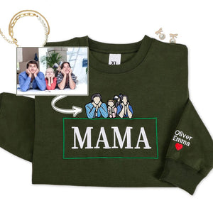 Mama Sweatshirt with Photo, Custom Embroidered Hoodie Mama and Kids Portrait, Mom Embroidery Hoodie, Birthday Mommy Outfits, Pregnancy Gifts