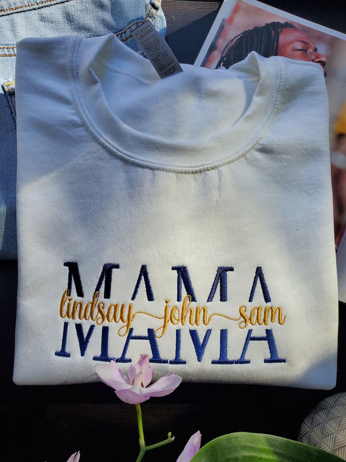 Unisex Embroidered Custom Mama Sweatshirt With Kids Names on the Chest, Personalized Gift for Mom, Nana, Gigi, Mother's Day, Birthday Gift,