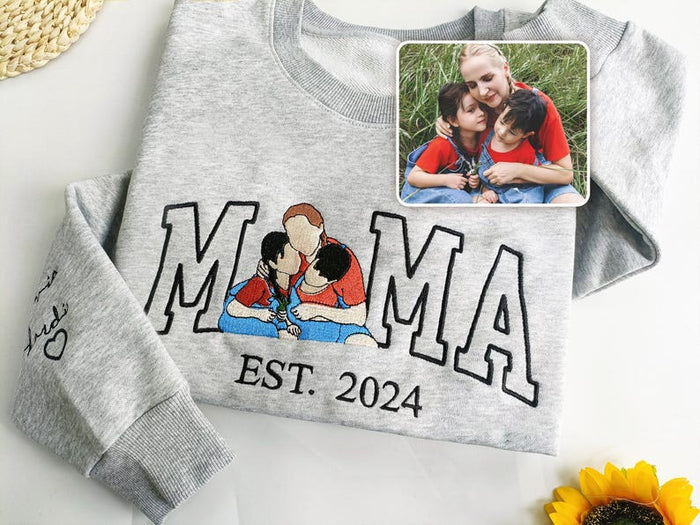 Custom Embroidered Sweatshirt Mama and Kids Portrait, Embroidery Shirt For Mom Mama Mommy,Mothers Day Gift