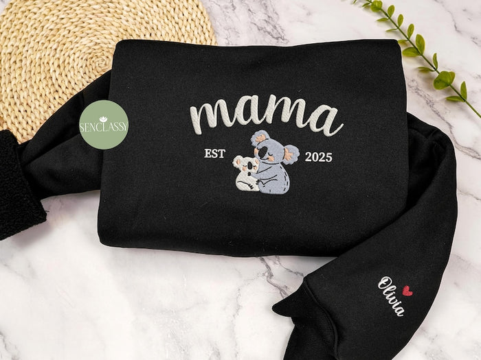 Koala and Baby Mom Embroidered Sweatshirt, Custom Date Mother's Day Gift for, Personalized Birthday Gift for Mom, Koala Lover Gift