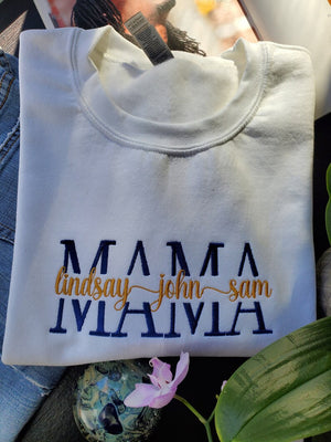 Unisex Embroidered Custom Mama Sweatshirt With Kids Names on the Chest, Personalized Gift for Mom, Nana, Gigi, Mother's Day, Birthday Gift,