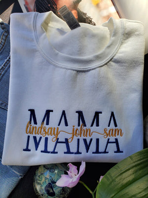 Unisex Embroidered Custom Mama Sweatshirt With Kids Names on the Chest, Personalized Gift for Mom, Nana, Gigi, Mother's Day, Birthday Gift,