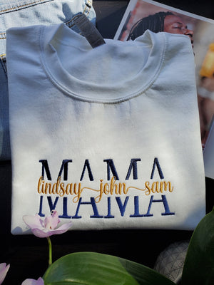 Unisex Embroidered Custom Mama Sweatshirt With Kids Names on the Chest, Personalized Gift for Mom, Nana, Gigi, Mother's Day, Birthday Gift,