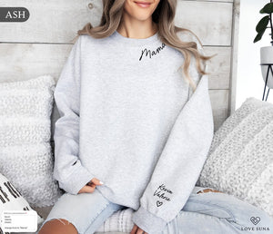 Personalized Mama Sweatshirt with Kid Names on Sleeve, Mothers Day Gift, Birthday Gift for Mom, New Mom Gift, Minimalist Mom Sweater