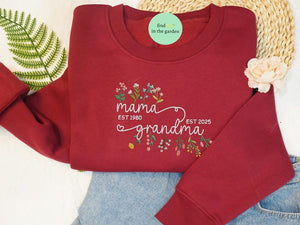 Custom Floral Mama Grandma Est 2025 Embroidered Sweatshirt, Custom Floral Mama Embroidered Sweater, Mother's Day gift for Mom and Grandma