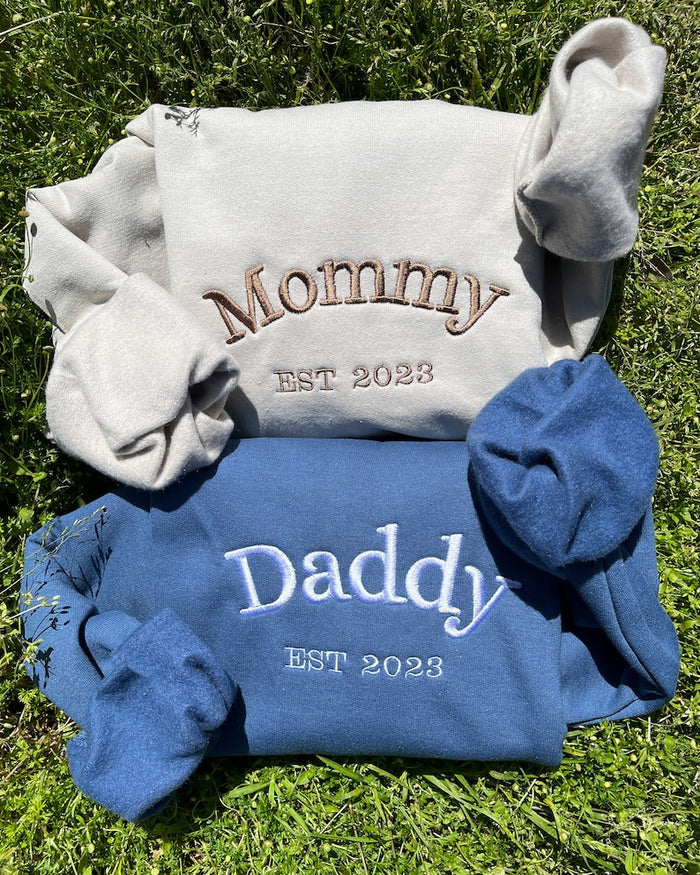 Mommy Daddy Embroidered Crewneck Sweatshirt, new mom sweatshirt, pregnancy sweater, mothers fathers gift, baby shower gift idea, new baby