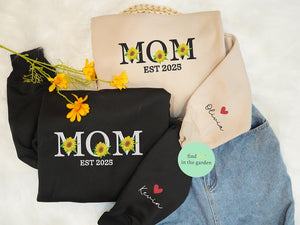 Mom Est 2025 Sunflower Embroidered Sweatshirt, New Mom Mother's Day 2025 Embroidered Sweater, Baby Announcement Gift, Mother's Day Gift