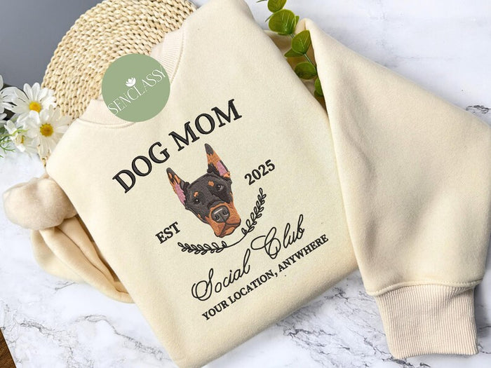 Custom Dog mom Social Club Embroidered Sweatshirt, Personalized Dog Sweater, Gift For Dog mom, Custom Dog Face Portrait, Gift for Dog Lover