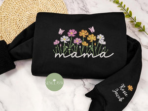 Custom Cosmos Flower Mama Embroidered Sweatshirt, Floral Mom Sweatshirt, Gift for Grandma, Personalize Child Name On Sleeve, Mother Day Gift