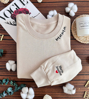 Custom Neck Embroidered Sweatshirt, Custom Embroidered on Sleeve with Heart, Embroidered Mama Sweatshirt, Gift For Her, Mom's Gift