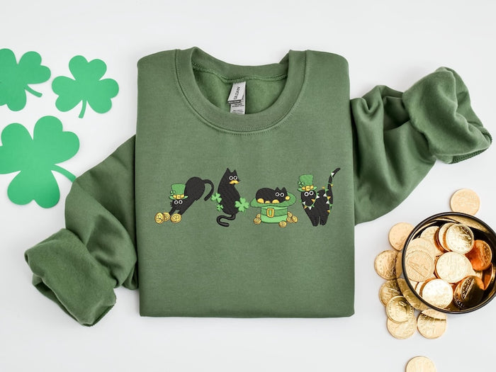 Embroidered Irish Lucky Cats Sweatshirt, Embroidery St Paddys Day Cat Lover Shirt, Lucky Irish Sweater, Cat Shamrocks T-Shirt, Irish Cat Mom