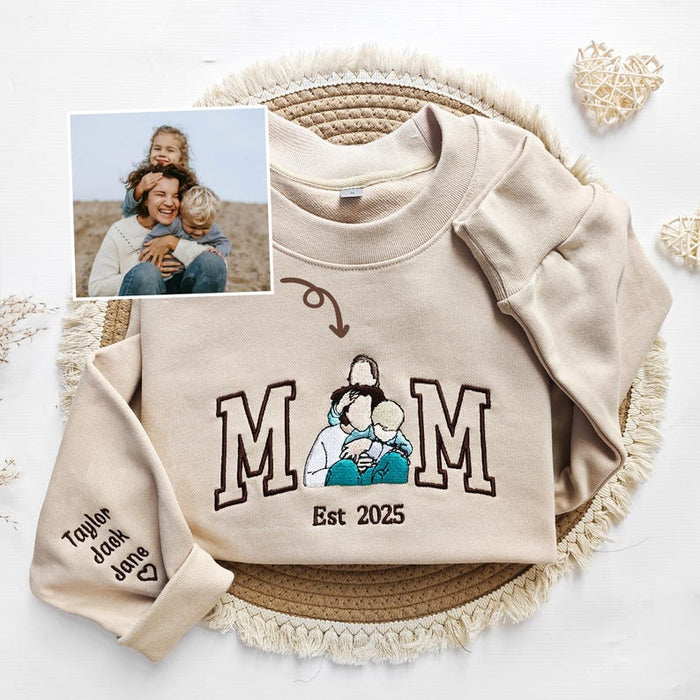 Mama Sweatshirt with Photo,Custom Embroidered Hoodie Mama and Kids Portrait,Varsity Shirt,Custom Embroidery Shirt For Mom,Mothers Day Gift