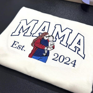 Mama Sweatshirt with Photo, Custom Embroidered Crewneck Mama and Kids Portrait, Mother's Day Gifts, Best Gift for Mom, Mom and Kid Varsity