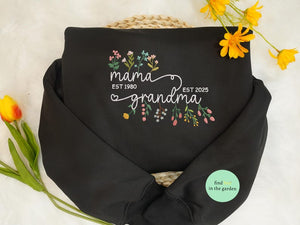 Custom Floral Mama Grandma Est 2025 Embroidered Sweatshirt, Custom Floral Mama Embroidered Sweater, Mother's Day gift for Mom and Grandma