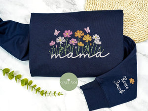 Custom Cosmos Flower Mama Embroidered Sweatshirt, Floral Mom Sweatshirt, Gift for Grandma, Personalize Child Name On Sleeve, Mother Day Gift