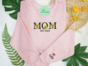 Mom Est 2025 Sunflower Embroidered Sweatshirt, New Mom Mother's Day 2025 Embroidered Sweater, Baby Announcement Gift, Mother's Day Gift