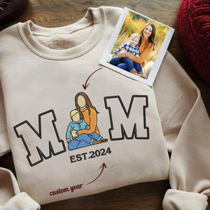 Custom Mom Portrait Embroidered Sweatshirt, Custom Embroidered Hoodie, Personalized Photo and Year Sweatshirt, Gift For Mother's Day