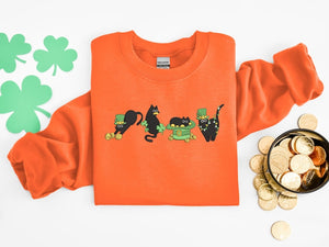 Embroidered Irish Lucky Cats Sweatshirt, Embroidery St Paddys Day Cat Lover Shirt, Lucky Irish Sweater, Cat Shamrocks T-Shirt, Irish Cat Mom