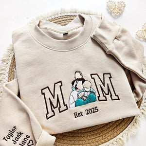 Mama Sweatshirt with Photo,Custom Embroidered Hoodie Mama and Kids Portrait,Varsity Shirt,Custom Embroidery Shirt For Mom,Mothers Day Gift