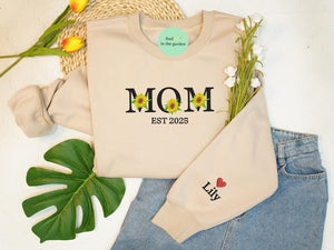 Mom Est 2025 Sunflower Embroidered Sweatshirt, New Mom Mother's Day 2025 Embroidered Sweater, Baby Announcement Gift, Mother's Day Gift