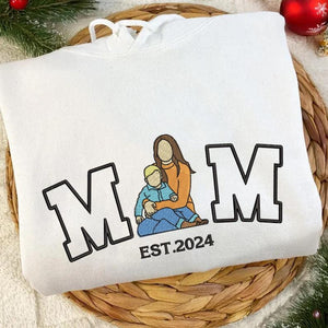 Custom Mom Portrait Embroidered Sweatshirt, Custom Embroidered Hoodie, Personalized Photo and Year Sweatshirt, Gift For Mother's Day