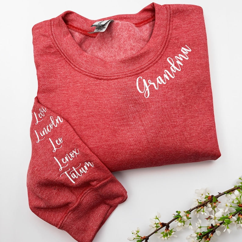 Personalized Grandma Sweatshirt with Kids Names Embroidered Collar, Great Grandma Embroidered Sweatshirt, Mothers Day Gift Ideas for Grandma
