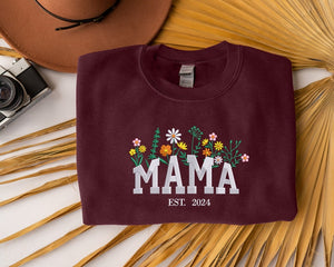 Embroidered Custom Mama Floral Sweatshirt, Personalized Kids Name on Sleeve with Initial Heart, Comfy Mama Crewneck Jumper, Mothers Day Gift