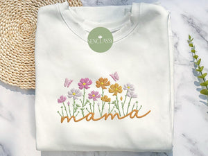 Custom Cosmos Flower Mama Embroidered Sweatshirt, Floral Mom Sweatshirt, Gift for Grandma, Personalize Child Name On Sleeve, Mother Day Gift