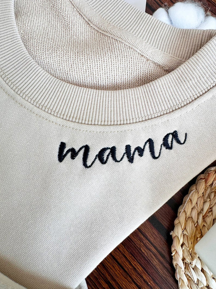 Custom Neck Embroidered Sweatshirt, Custom Embroidered on Sleeve with Heart, Embroidered Mama Sweatshirt, Gift For Her, Mom's Gift