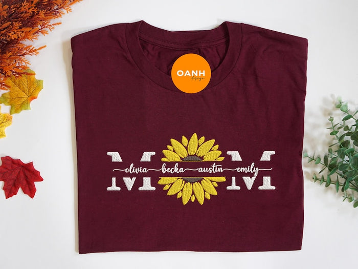 Personalized Sunflower Mom With Kids Name Embroidered Sweatshirt, Custom Mom Sweater, Mom Birthday Gift, Trendy Mother Day Gift For Grandma