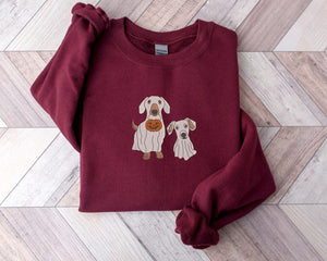 Embroidered Halloween Dog Sweatshirt, Personalized Ghost Dog Family Sweater, Vintage Custom Spooky Season Crewneck Sweater, Halloween Gifts