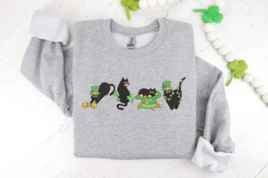 Embroidered Irish Lucky Cats Sweatshirt, Embroidery St Paddys Day Cat Lover Shirt, Lucky Irish Sweater, Cat Shamrocks T-Shirt, Irish Cat Mom