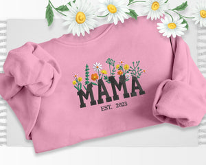 Embroidered Custom Mama Floral Sweatshirt, Personalized Kids Name on Sleeve with Initial Heart, Comfy Mama Crewneck Jumper, Mothers Day Gift